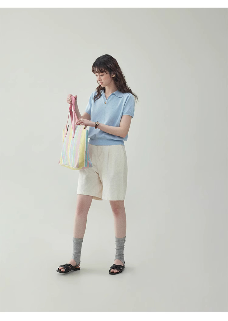 藍色翻v領短針織衫t卹女夏季新款提花短袖上衣