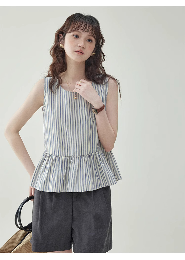 豎條紋無袖純棉娃娃襯衫女夏季新款寬鬆背心上衣