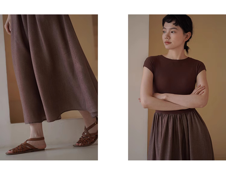 顯白特調赭紅彈性針織拼接大裙擺合身顯瘦梨形洋裝女