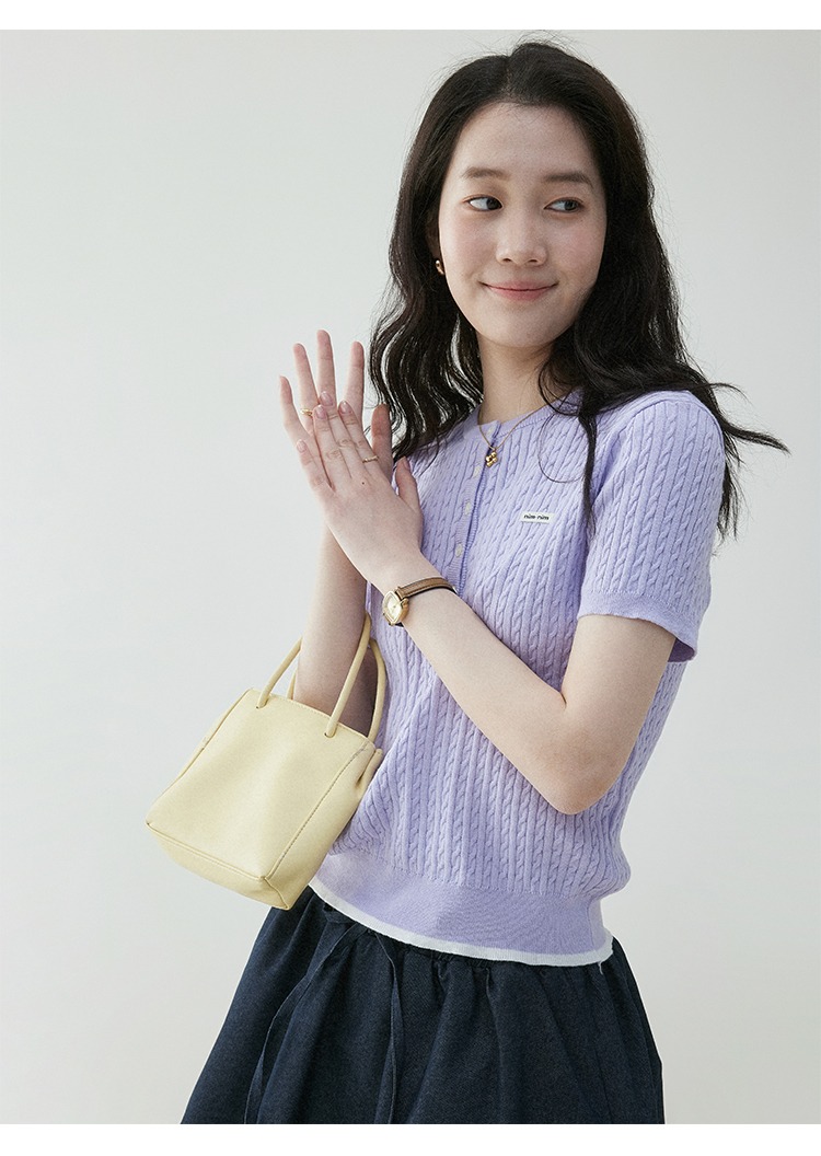 韓國扭花撞色邊圓領針織T卹女夏季半開扣減齡上衣