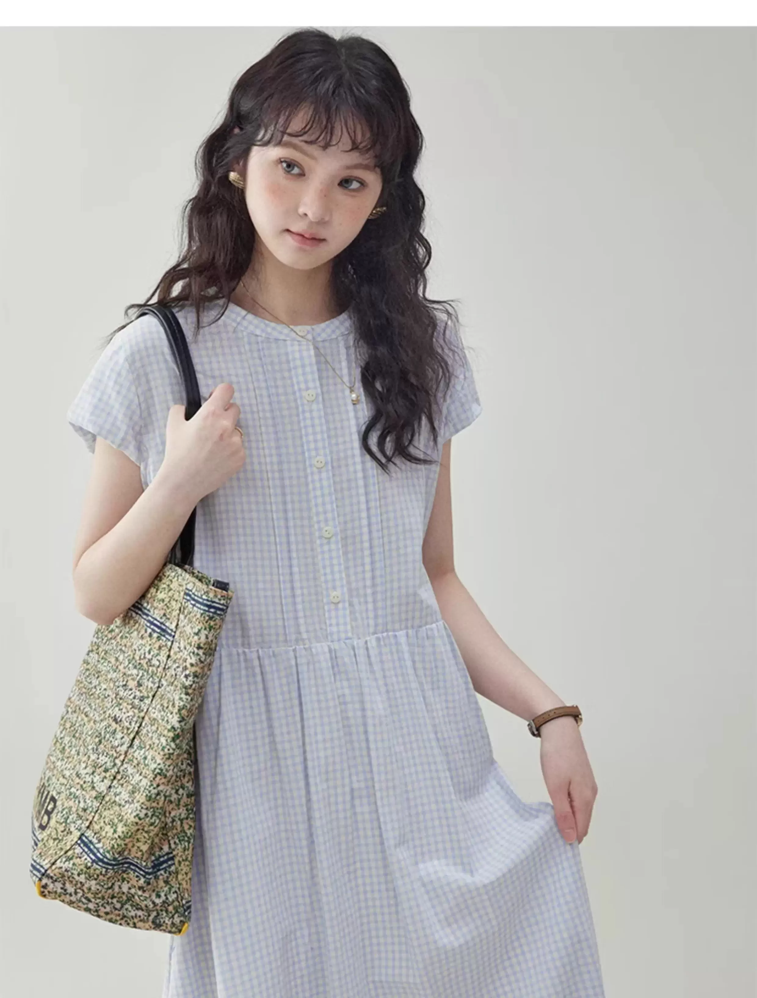 藍格紋花苞袖純棉洋裝女夏季新款寬鬆減齡長裙