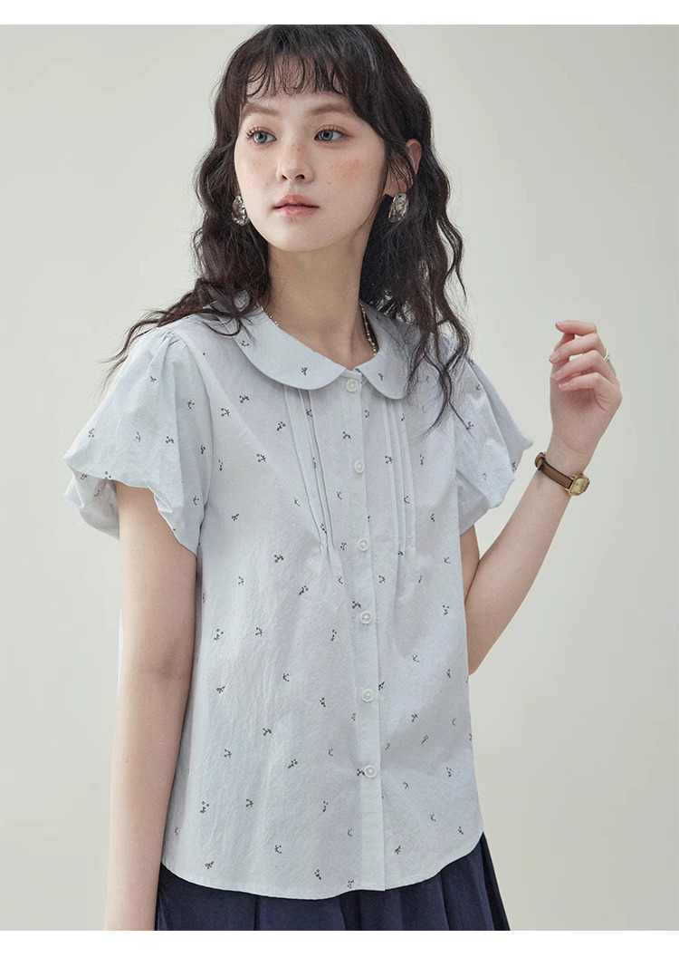 甜美泡泡袖純棉小花襯衫女夏季娃娃領單排扣上衣