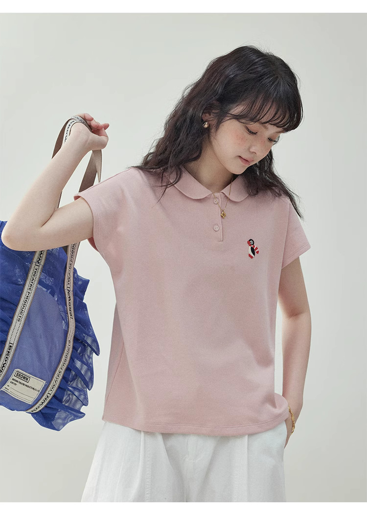 粉紅娃娃領企鵝刺繡T恤女夏季新款減齡短袖上衣