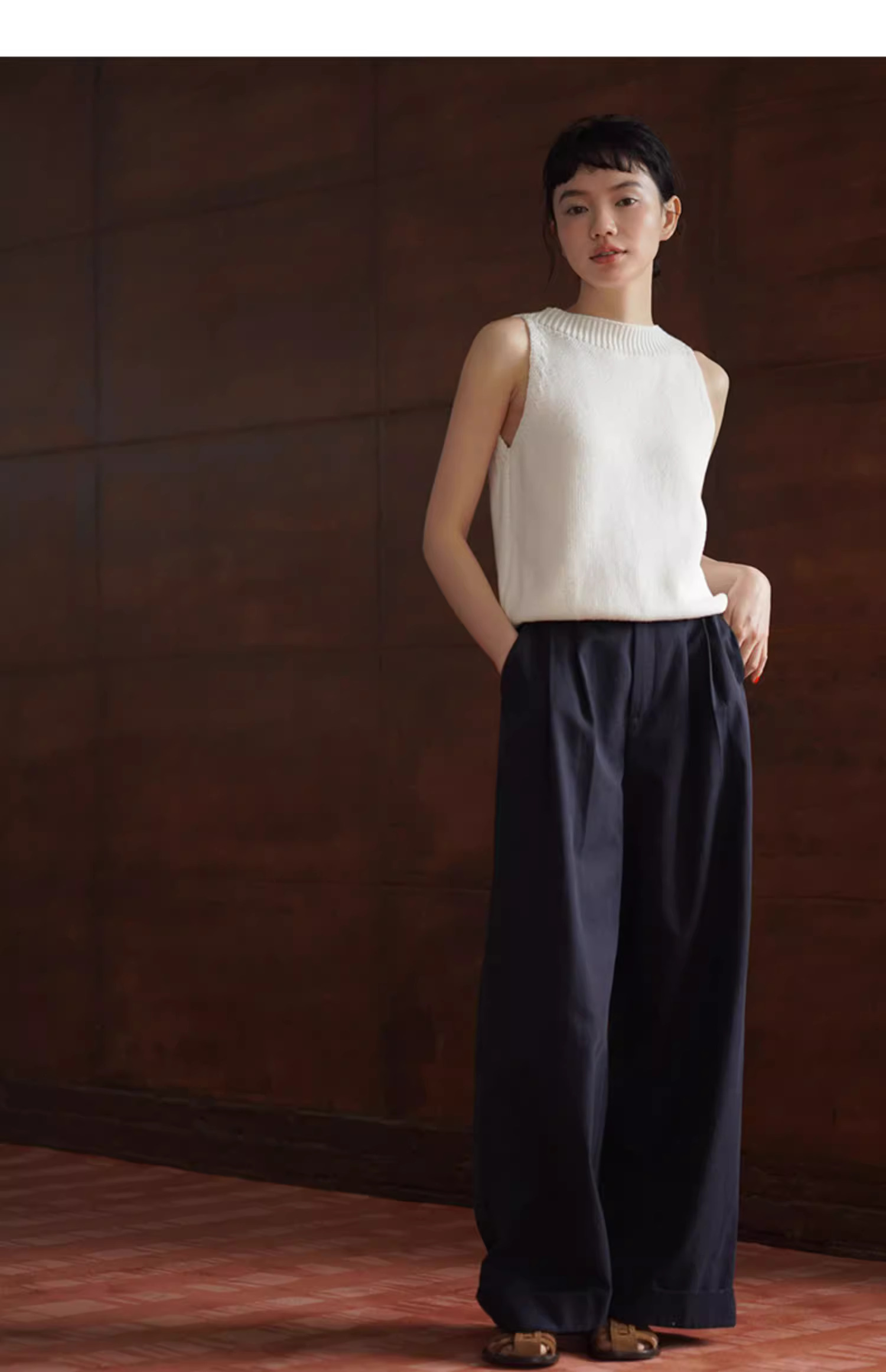 筆筆直修腿長褲萊賽爾棉挺括寬鬆高腰折邊休閒闊腿褲女