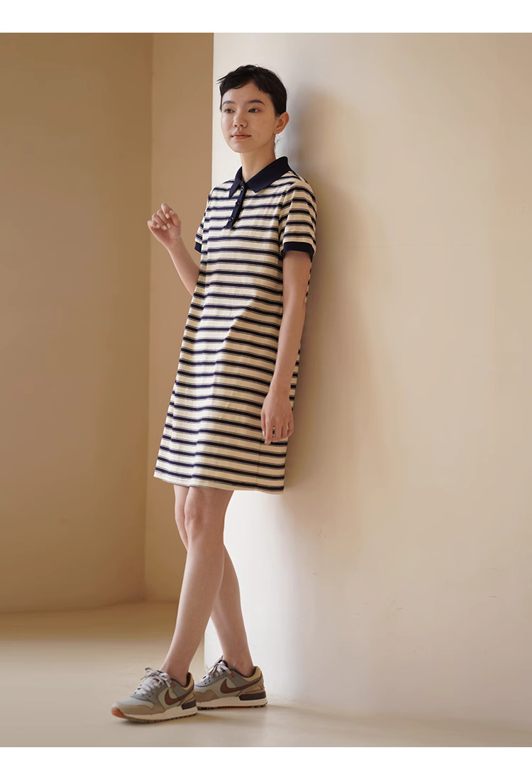 美式條紋日洋裝24支雙紗平紋棉混紡顯瘦撞色Polo裙女