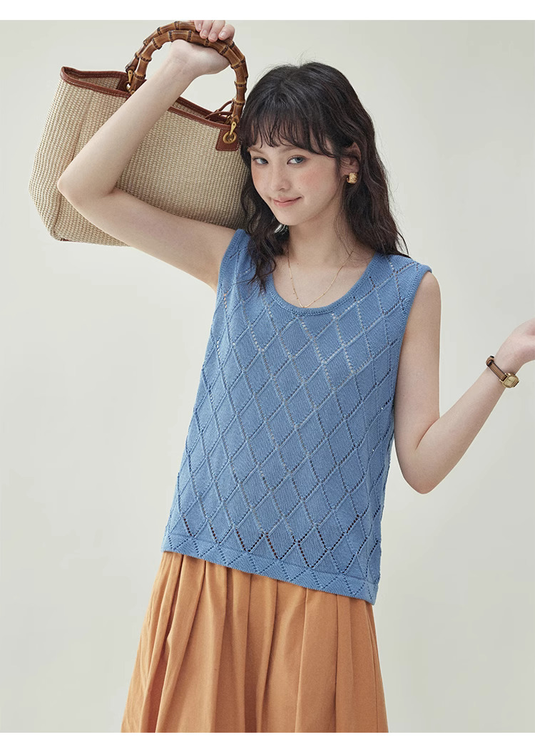藍色菱格鏤空背心針織衫女夏季新款寬鬆無袖上衣
