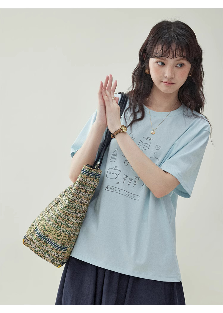 簡約印花純棉短袖T恤女25夏季新款休閒寬鬆上衣