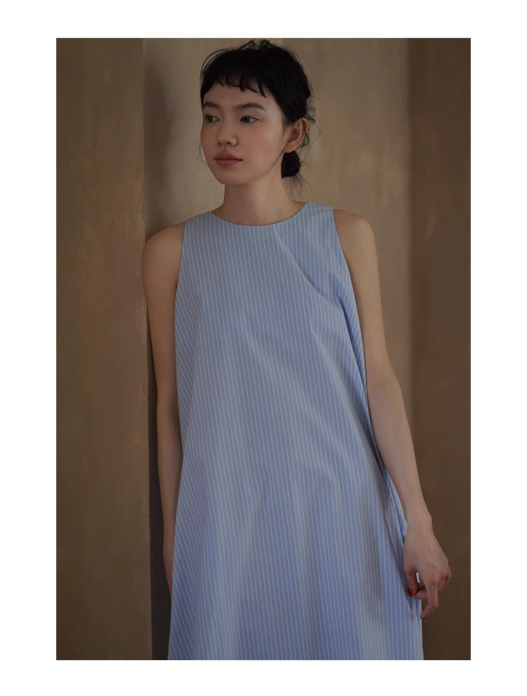 想去海邊法式條紋慵懶度假風圓領寬鬆無袖背心洋裝女
