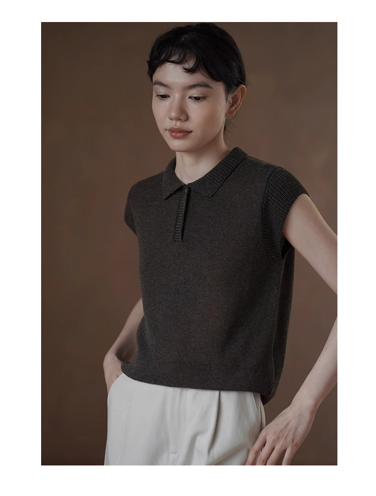 苔痕雨季透氣輕薄亞麻棉紗線Polo領針織顯瘦短袖上衣女