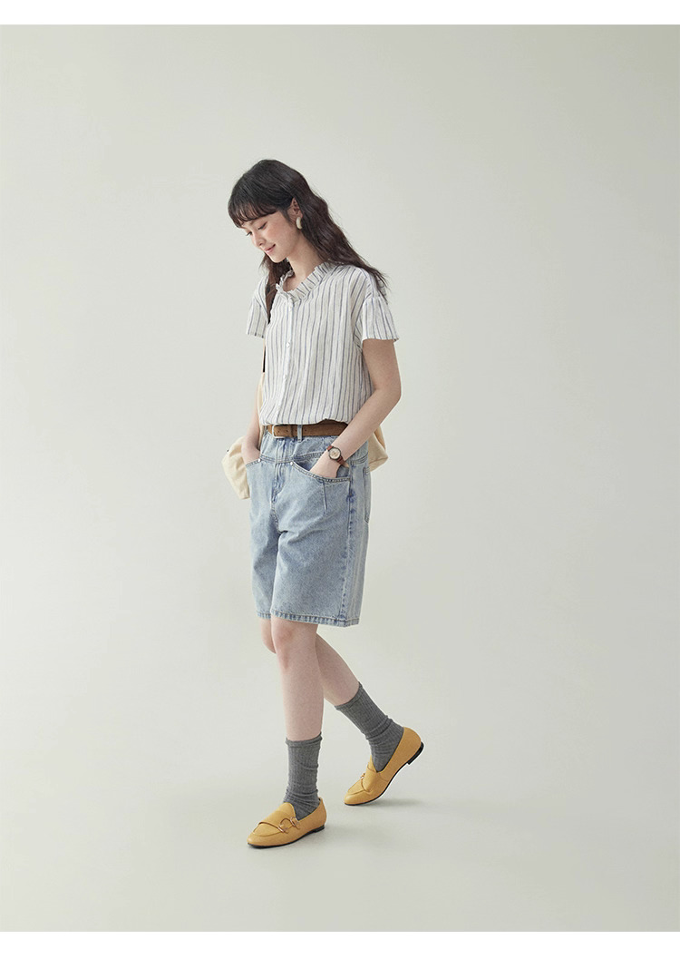 清爽豎紋花邊領短袖襯衫女夏季新款純棉寬鬆上衣