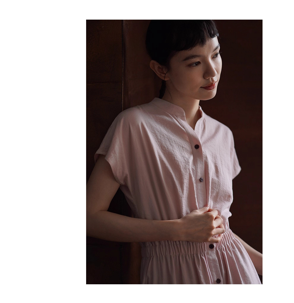 冰透粉晶洋裝寬鬆收腰短袖長撞色釦子立領襯衫裙子