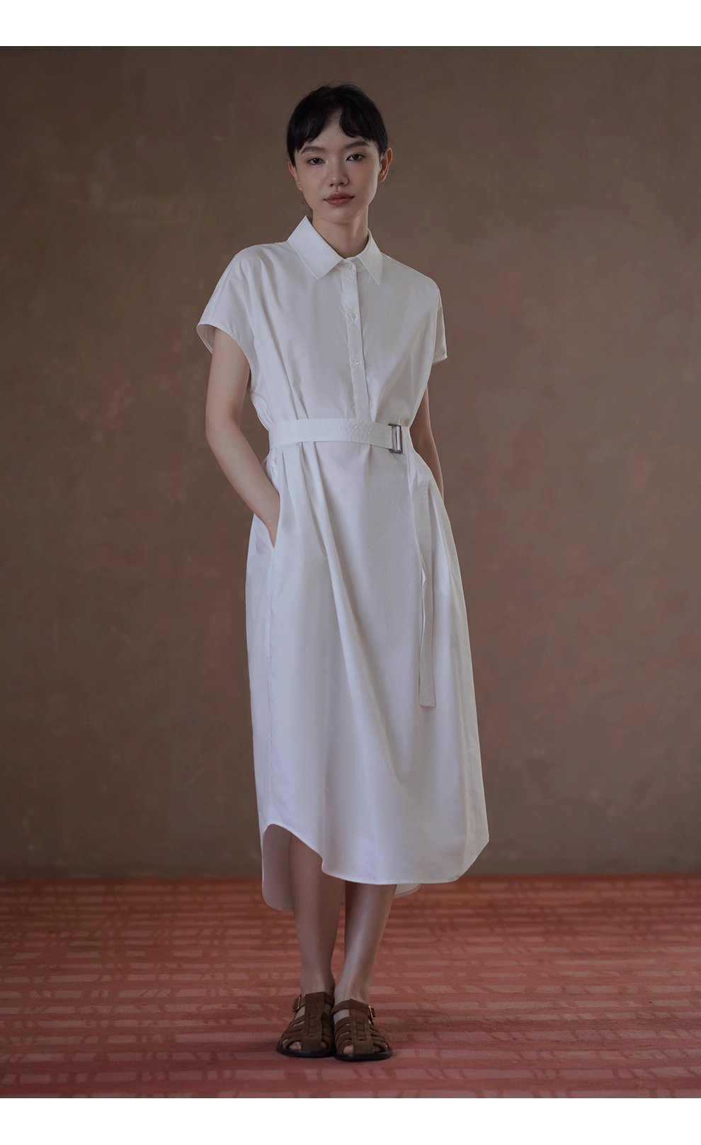 浮生一日清冷通勤洋裝寬鬆顯瘦腰帶半門襟長襯衫裙