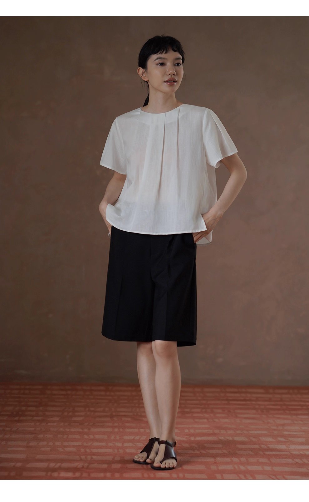 清香白檸檬上衣壓褶圓領A字顯瘦萊賽爾亞麻透氣通勤襯衫