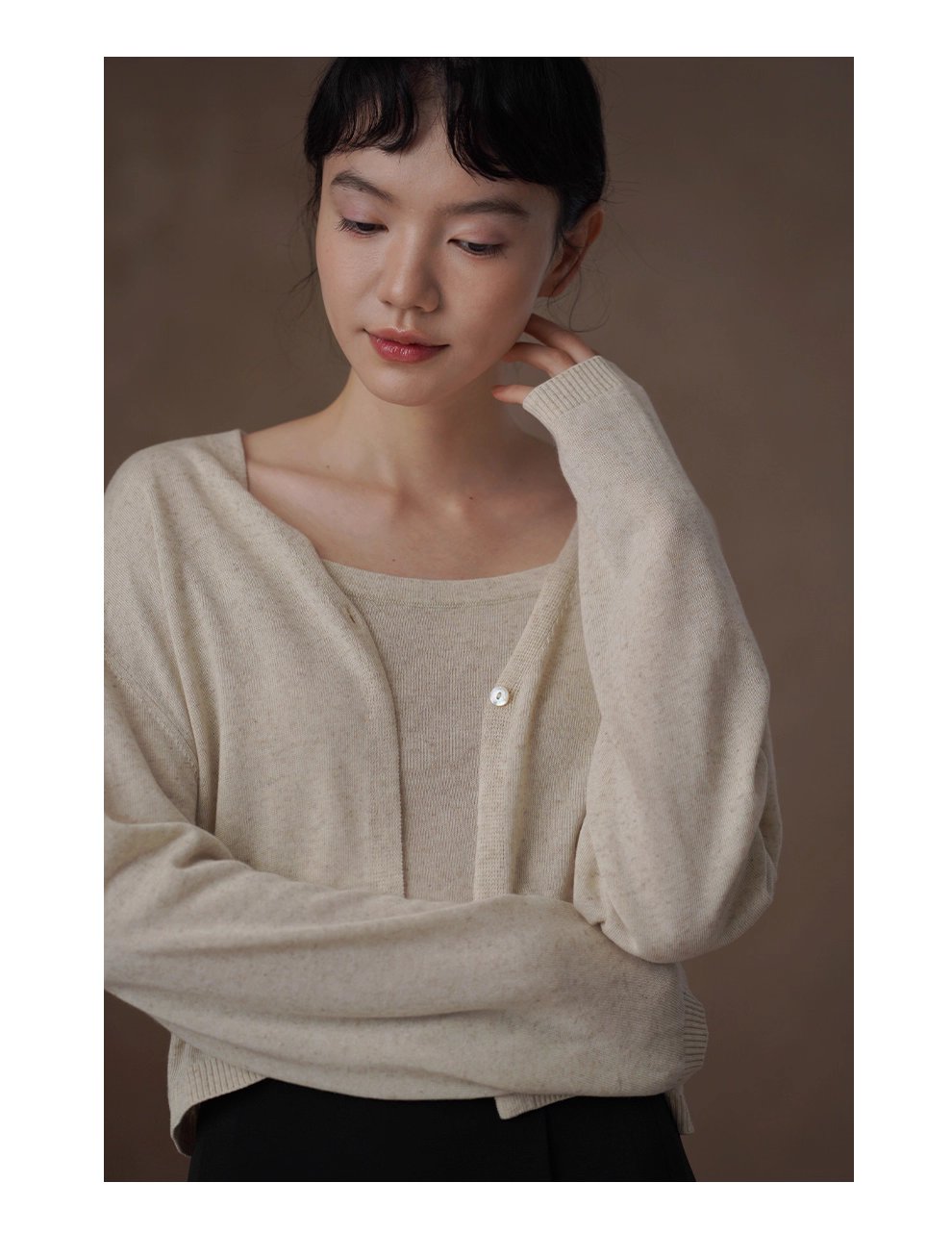 清新燕麥萊賽爾亞麻混紡背心開襟針織溫柔通勤兩件套女