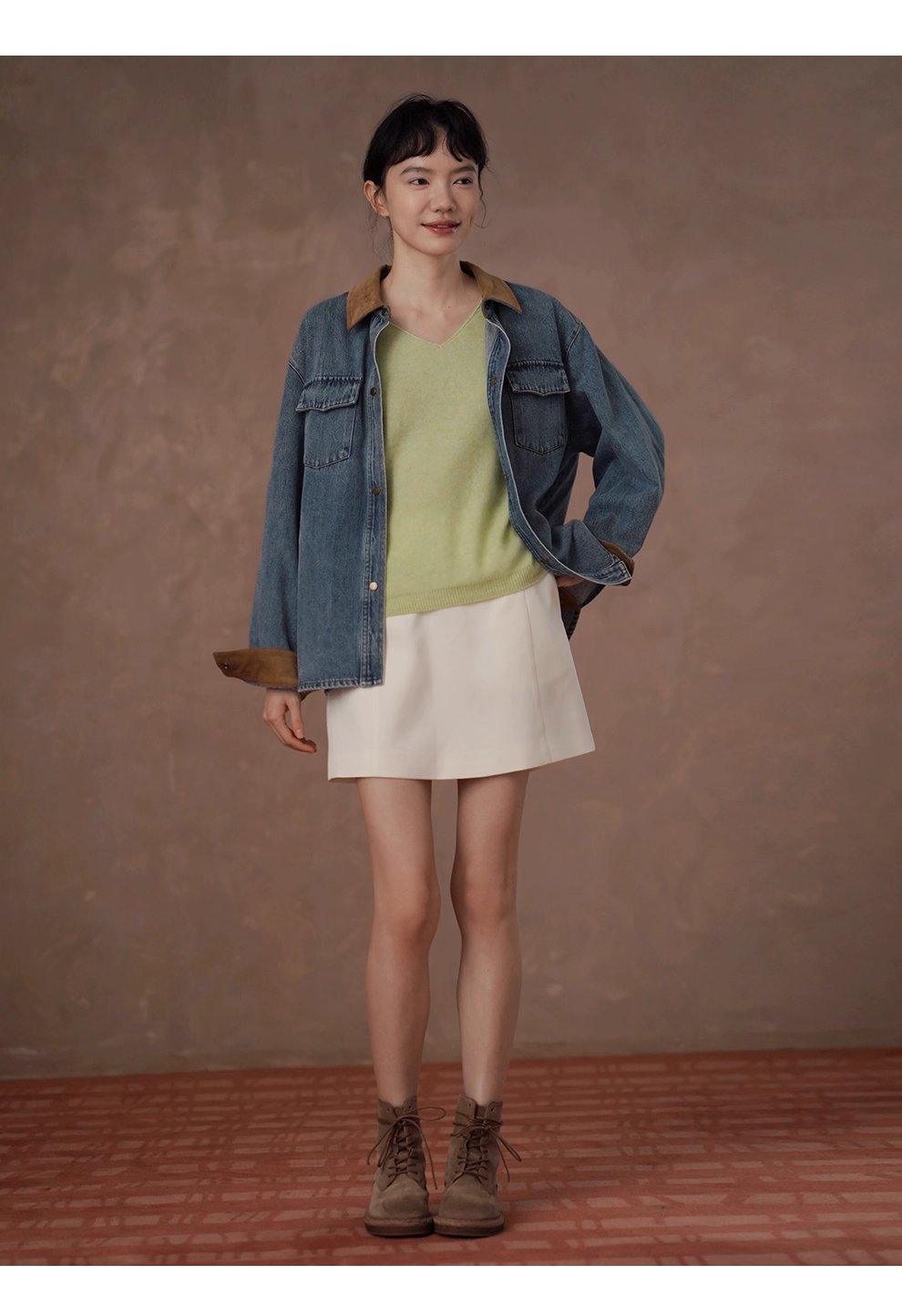 復古風潮做舊水洗燈芯絨拼接翻領牛仔襯衫寬鬆顯瘦外套