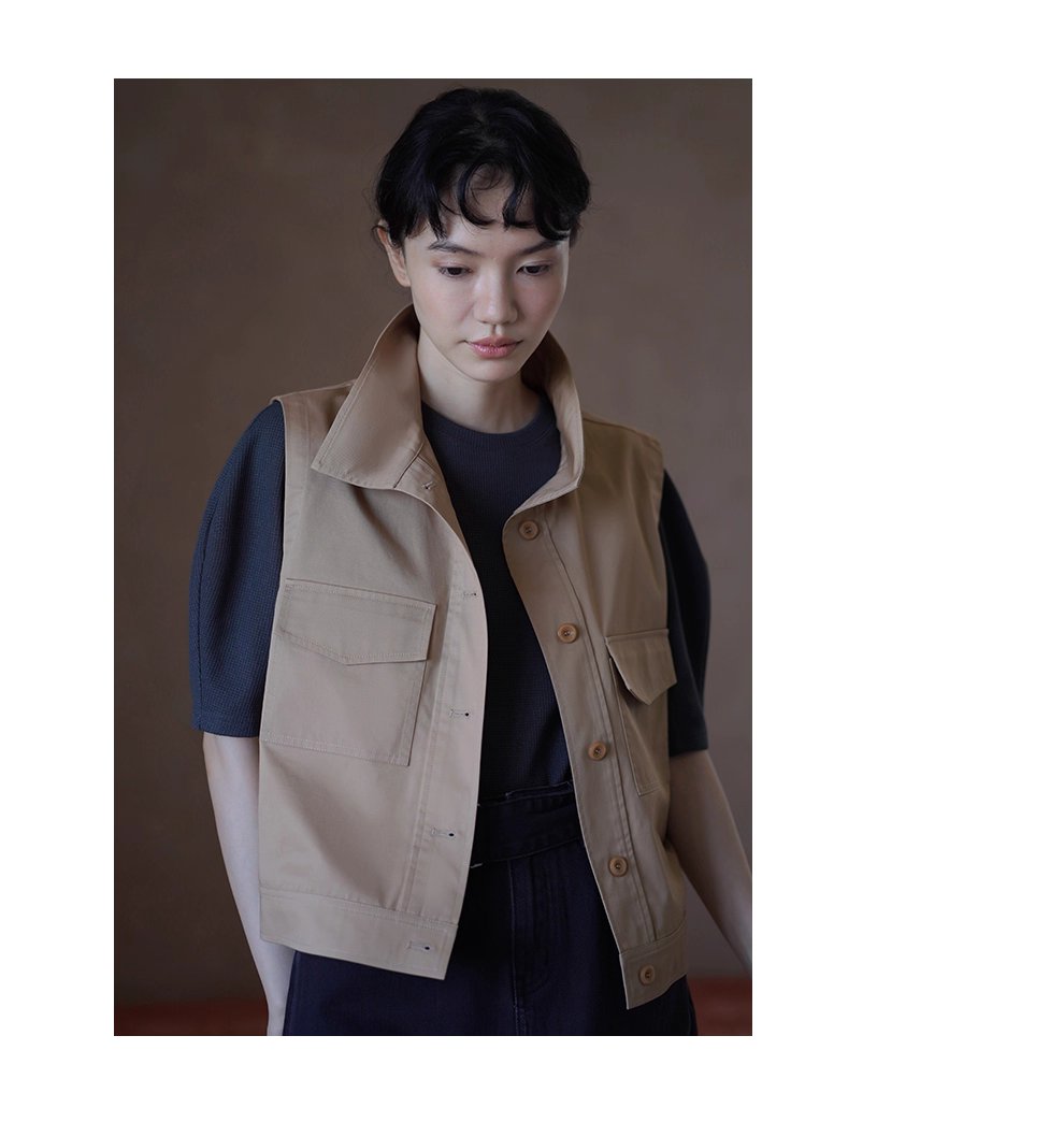 楓葉長椅馬甲顯瘦挺括親膚萊賽爾棉立領工裝疊穿外套女