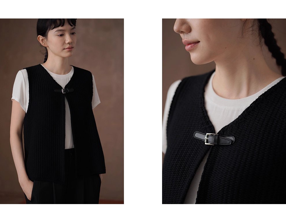 優雅疊穿粗針工藝羊毛棉混紡柔軟親膚顯瘦皮扣馬甲外套