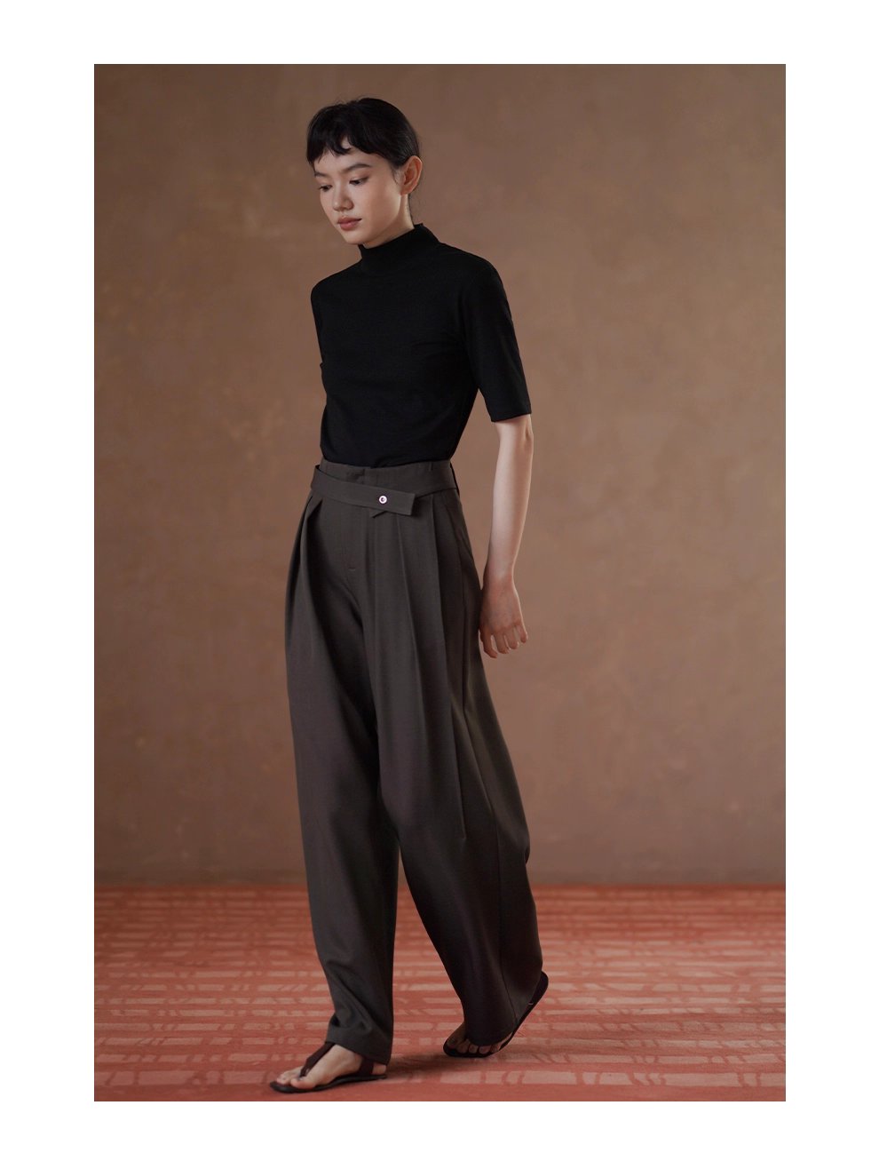 高品質色紡西裝布料可調式腰帶寬鬆垂順顯瘦闊腿長褲女