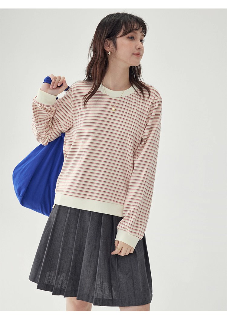 條紋不規則下擺衛衣T恤女秋季新款圓領長袖上衣