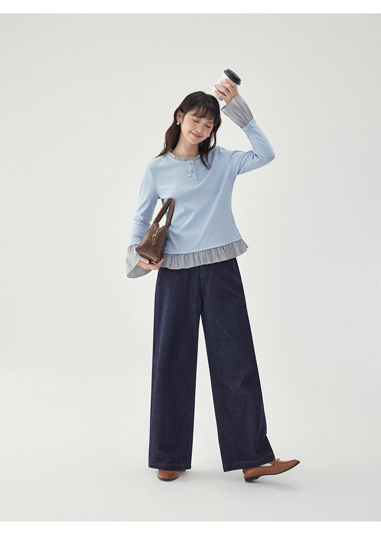 撞色拼接襯衫喇叭袖t卹女秋季新款寬鬆長袖上衣