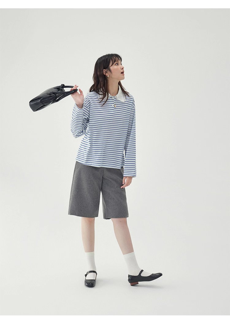 拼接翻領藍條紋長袖T恤女秋季新款寬鬆純棉上衣