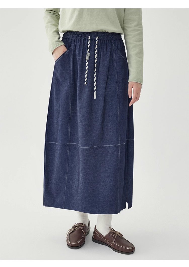 藍色鬆緊腰a字半身裙女秋季新款百搭抽繩中長裙