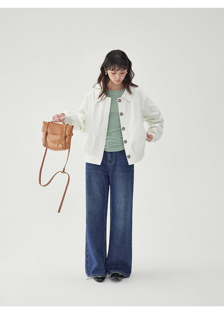 白色單排扣polo領長袖外套女25秋季新款寬鬆上衣