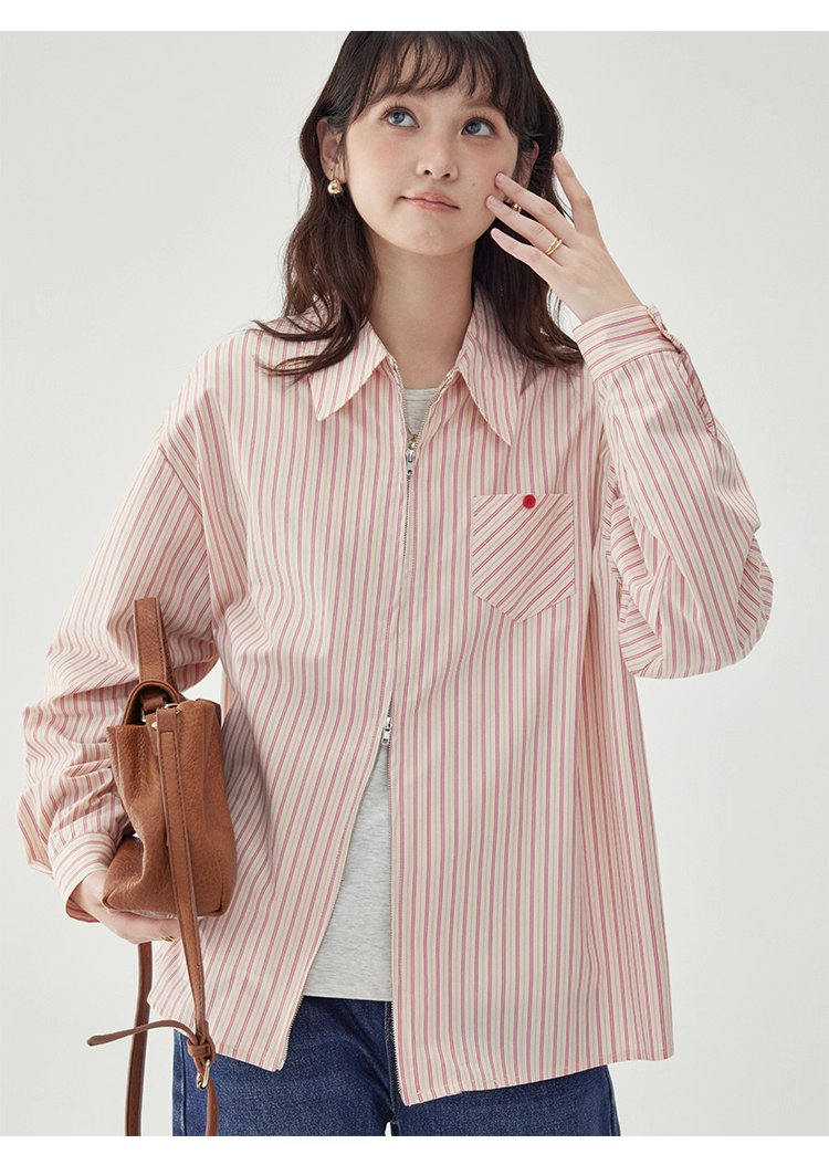 粉紅色圖案雙拉鍊長袖襯衫女秋季新款純棉外套上衣