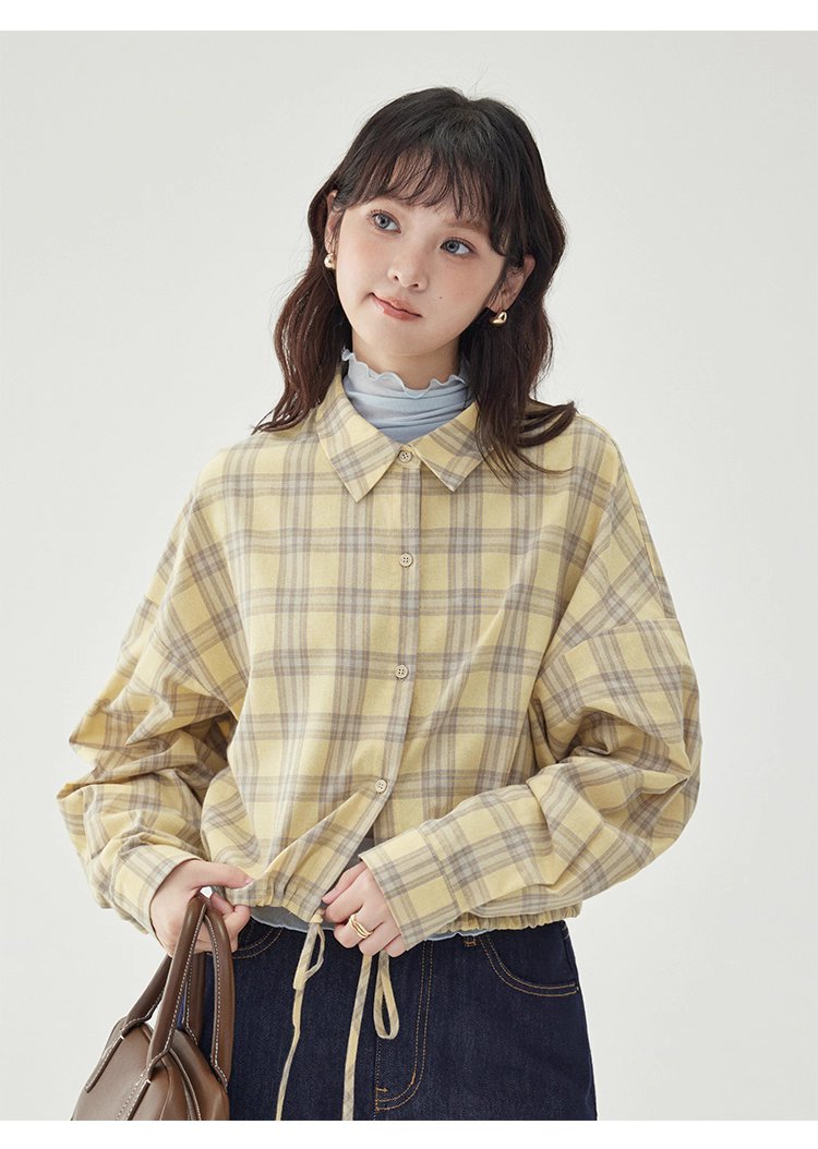 黃格單排扣抽繩下擺襯衫女秋季新款純棉長袖上衣