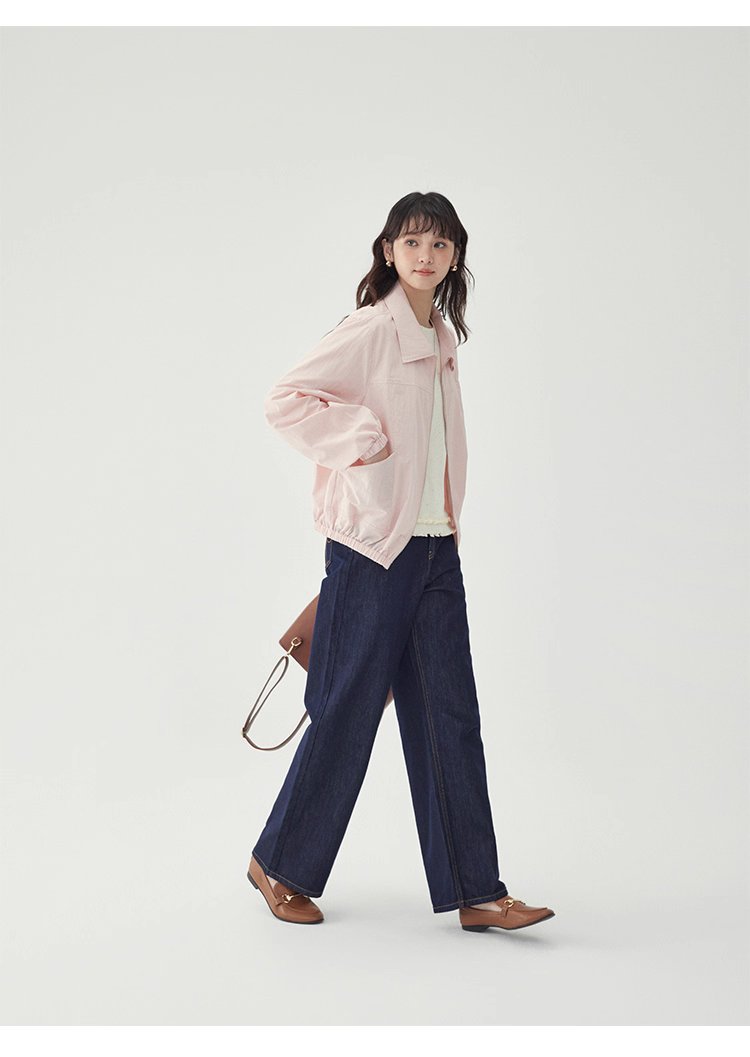 少女感粉紅拉鍊長袖外套女秋季新款翻領短版上衣