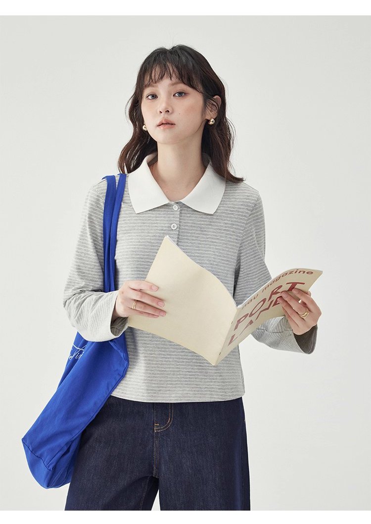 灰色條紋polo半開領t卹女秋季新款寬鬆長袖上衣