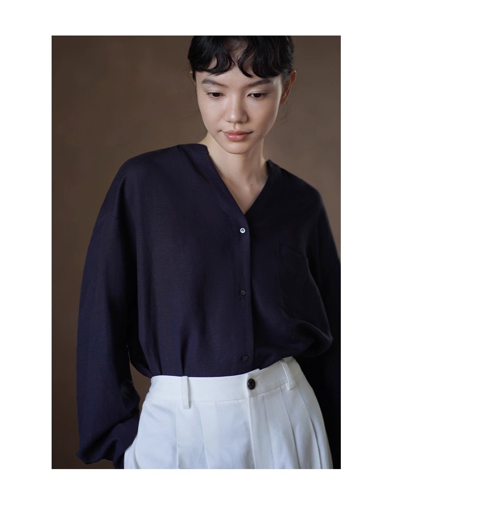 海上航線亞麻混紡透氣挺括質感V領寬鬆顯瘦通勤長袖襯衫