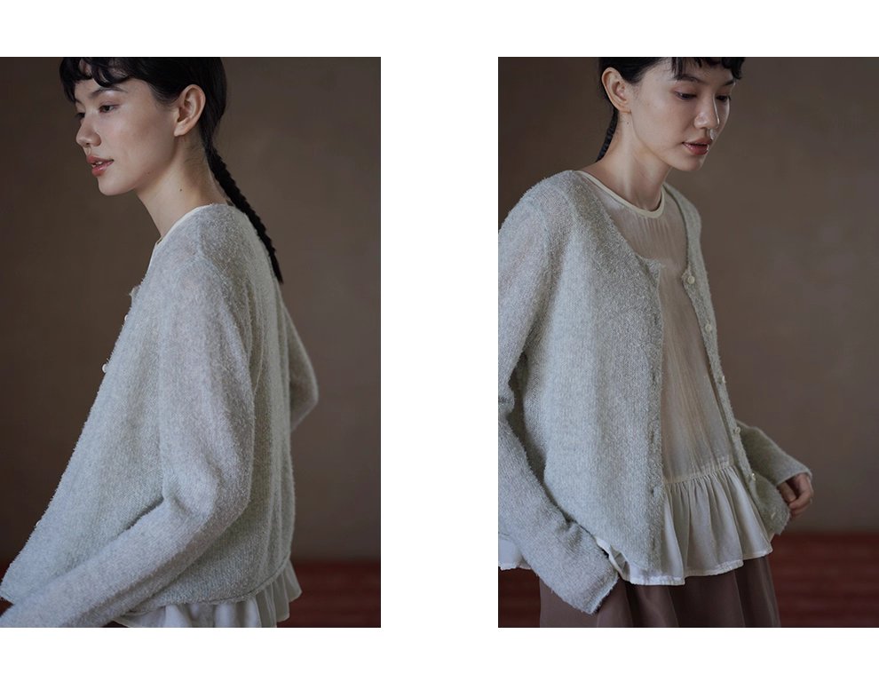 精巧小銀魚針織重磅綿羊毛桑蠶絲混紡捲邊通勤毛衣外套