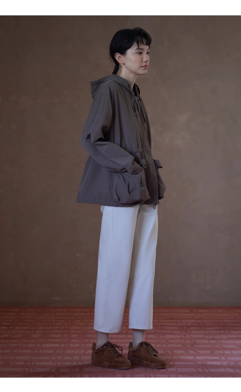 假期健行立體口袋設計抽繩收腰連帽寬鬆顯瘦沖風外套女