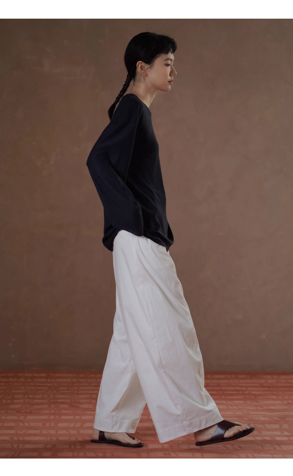 高品質桑蠶絲棉亞麻混紡竹節麻肌理感寬鬆顯瘦長袖T恤女