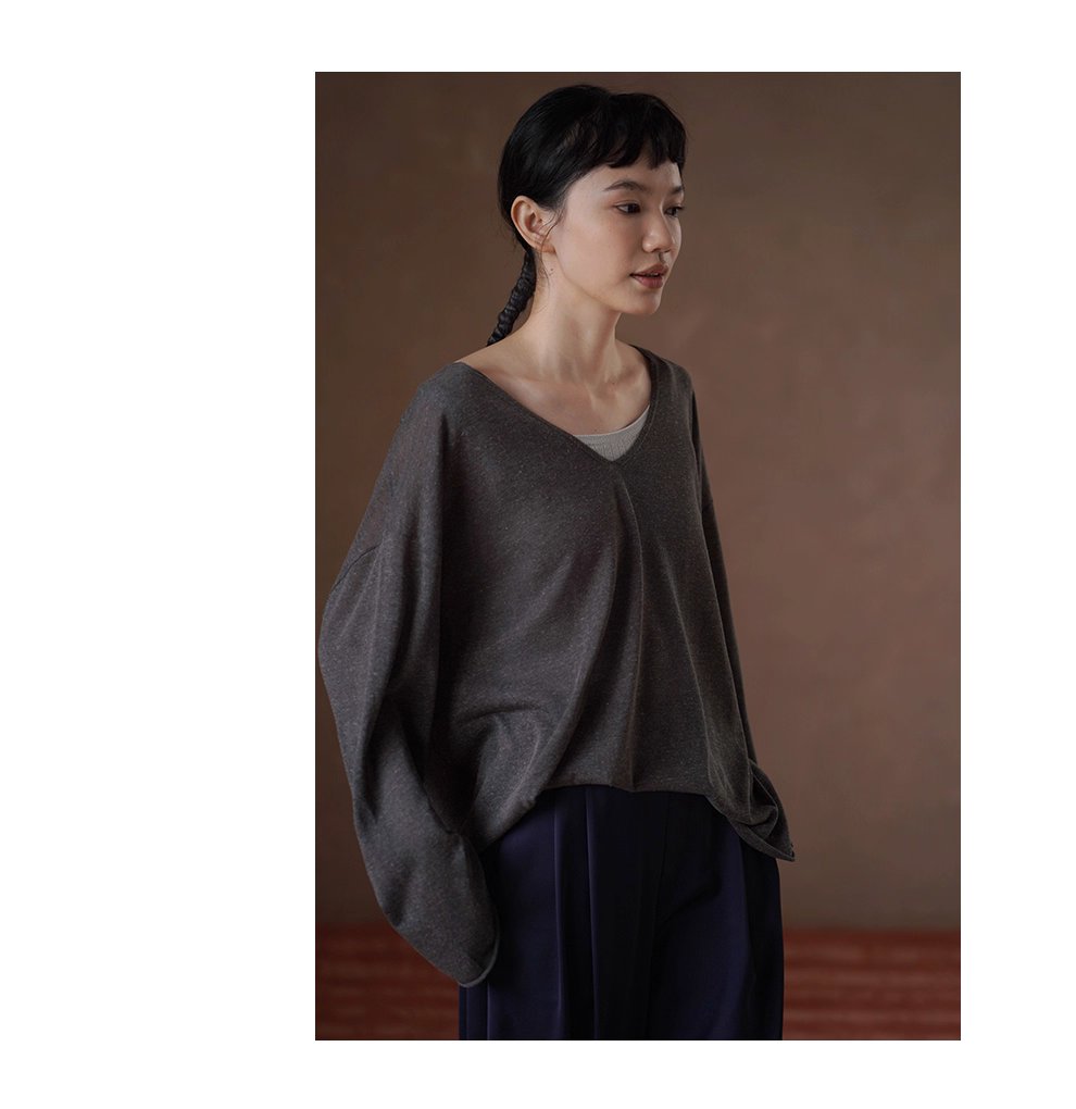 紙片人V領慵懶罩衫清爽天絲亞麻紗線寬鬆顯瘦長袖上衣女