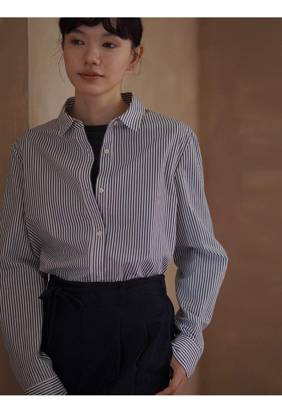 高品質100棉色織條紋法國經典寬鬆通勤可拆式蝴蝶結襯衫