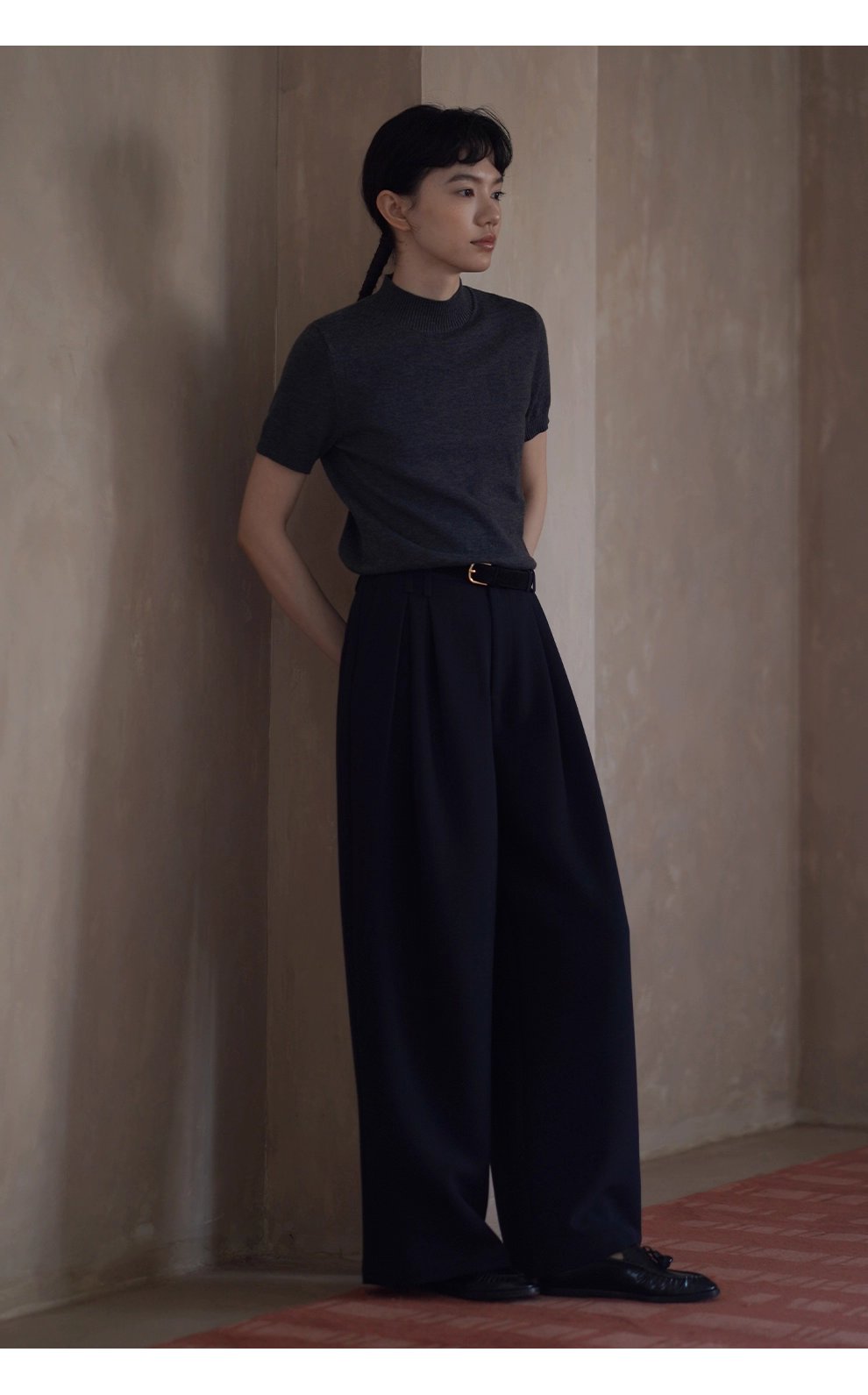 鬆弛顯瘦版型雙面織造斜紋西褲布料高腰闊腿通勤長褲女