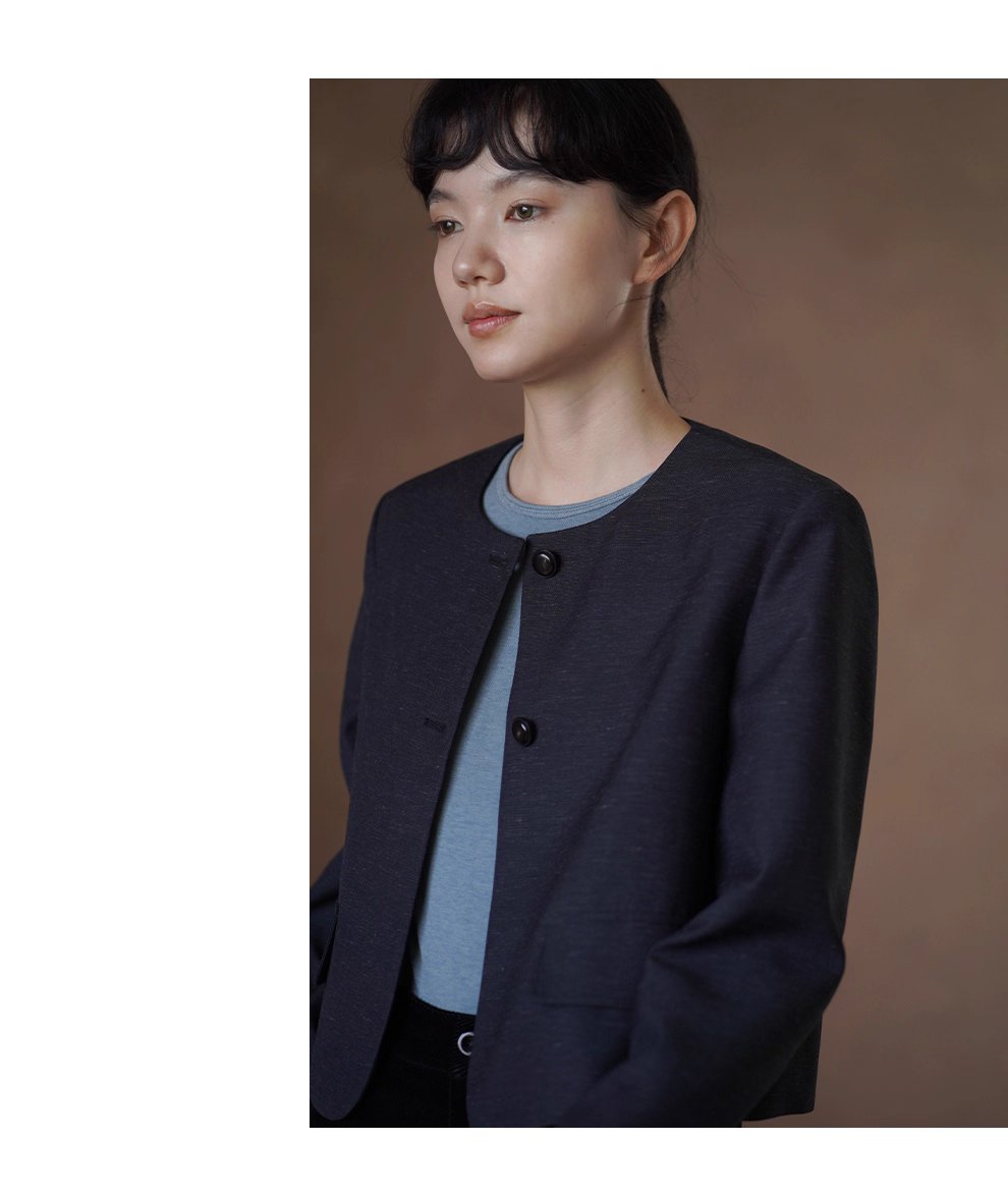 深空亞麻肌理感圓領通勤短外套經典俐落簡約顯瘦西裝女