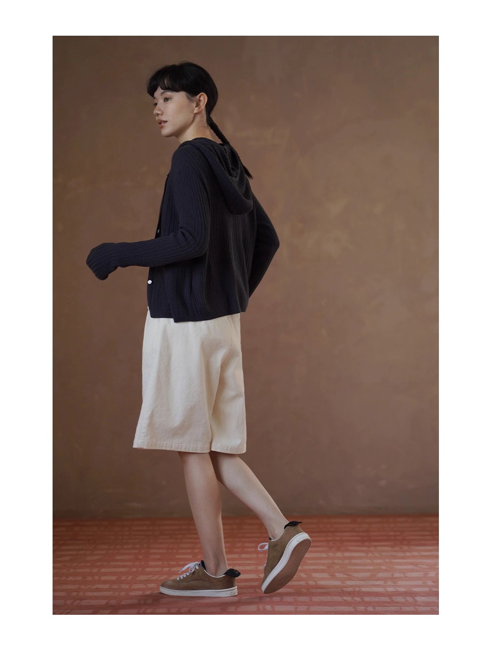 48支超細美利奴羊毛混紡顯瘦坑條織法寬鬆連帽針織開襟衫