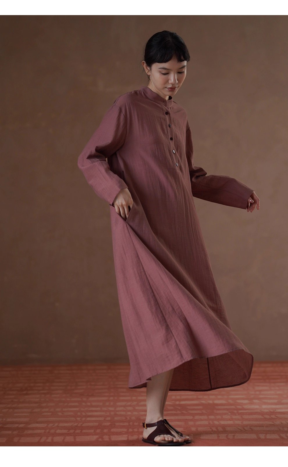 清雅芍藥顯白亞麻混紡透氣挺括顯瘦寬鬆立領襯衫洋裝