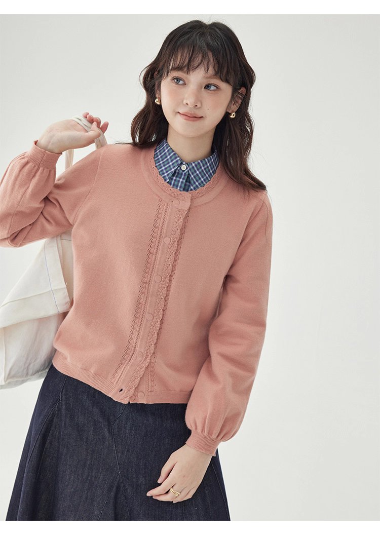 韓系提花圓領長袖針織衫女秋新款單排扣外套上衣