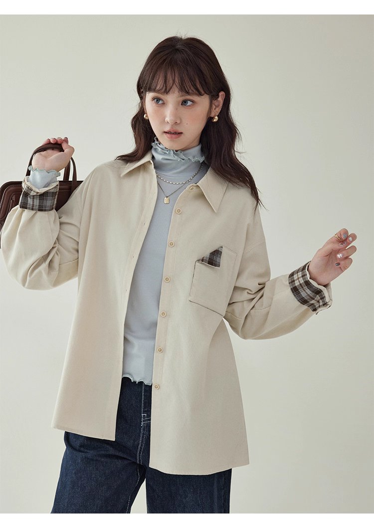 撞色格紋燈芯絨長袖襯衫女秋季新款翻領外套上衣