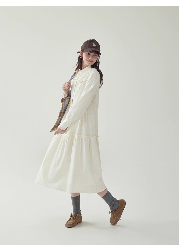 減齡純色花邊翻領洋裝女秋季新款中長娃娃裙