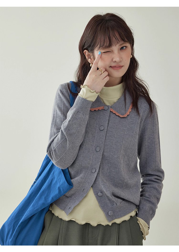 韓系撞色翻領針織開襟衫女秋季新款單排扣長袖上衣