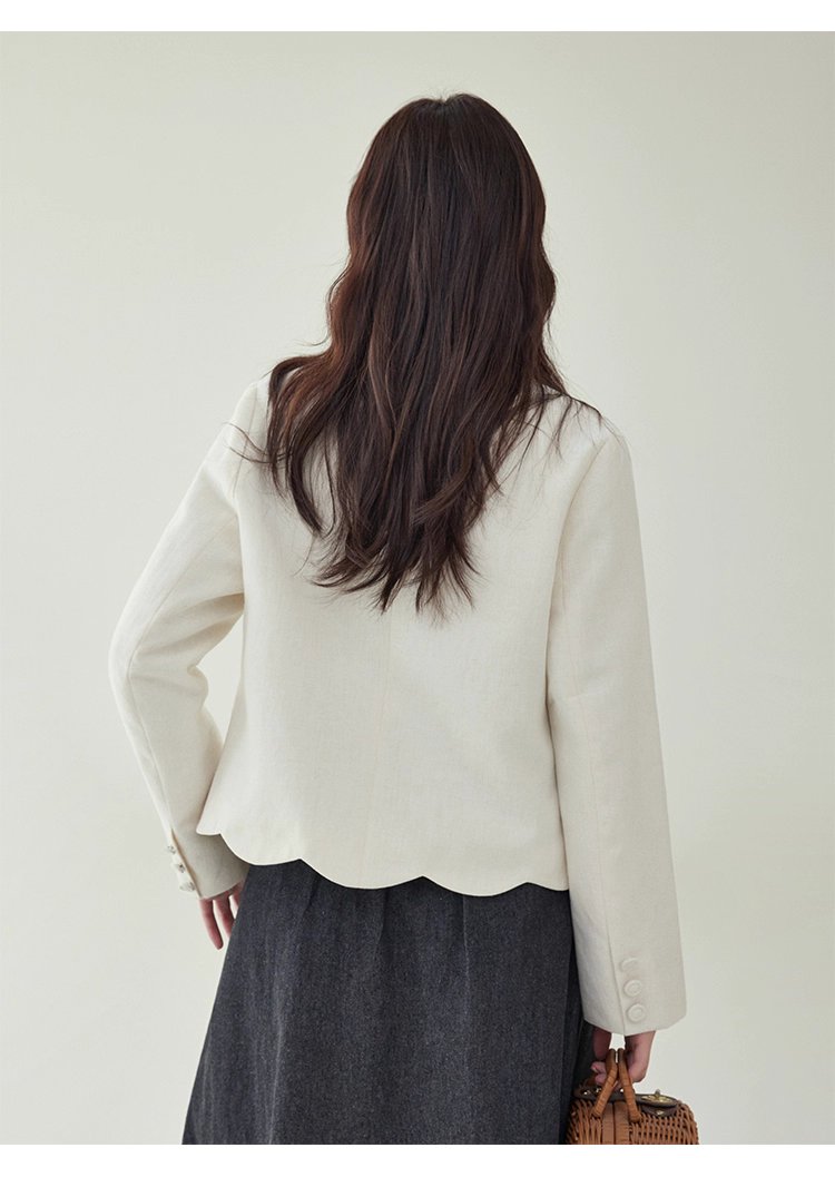 小香風純色單排扣短外套女秋新款波浪擺長袖上衣