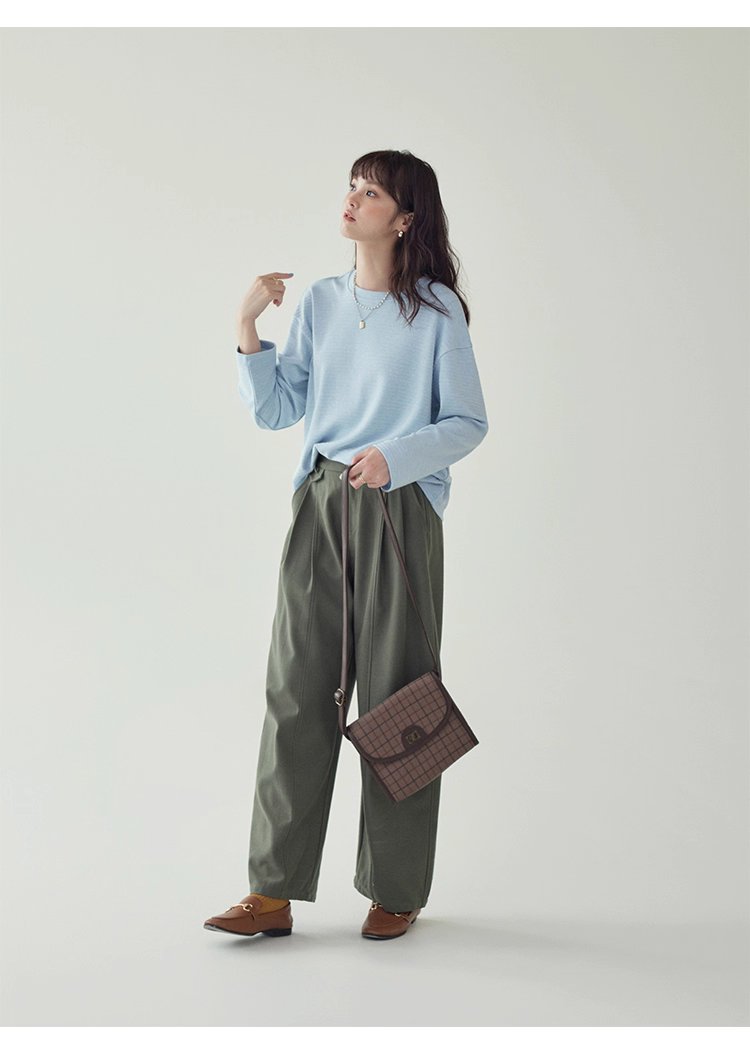 韓系藍線圓領長袖T恤女秋季新款簡約寬鬆上衣