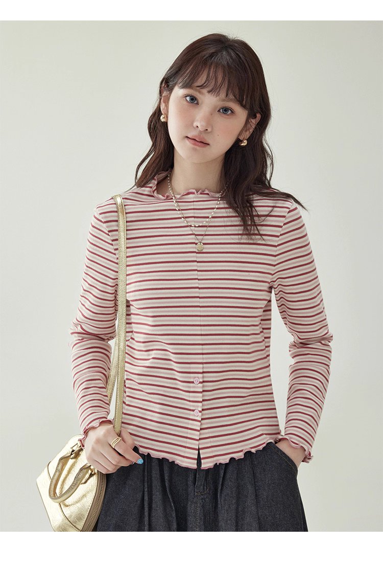 下擺扣條紋兩穿內搭T恤女秋新款花邊長袖上衣