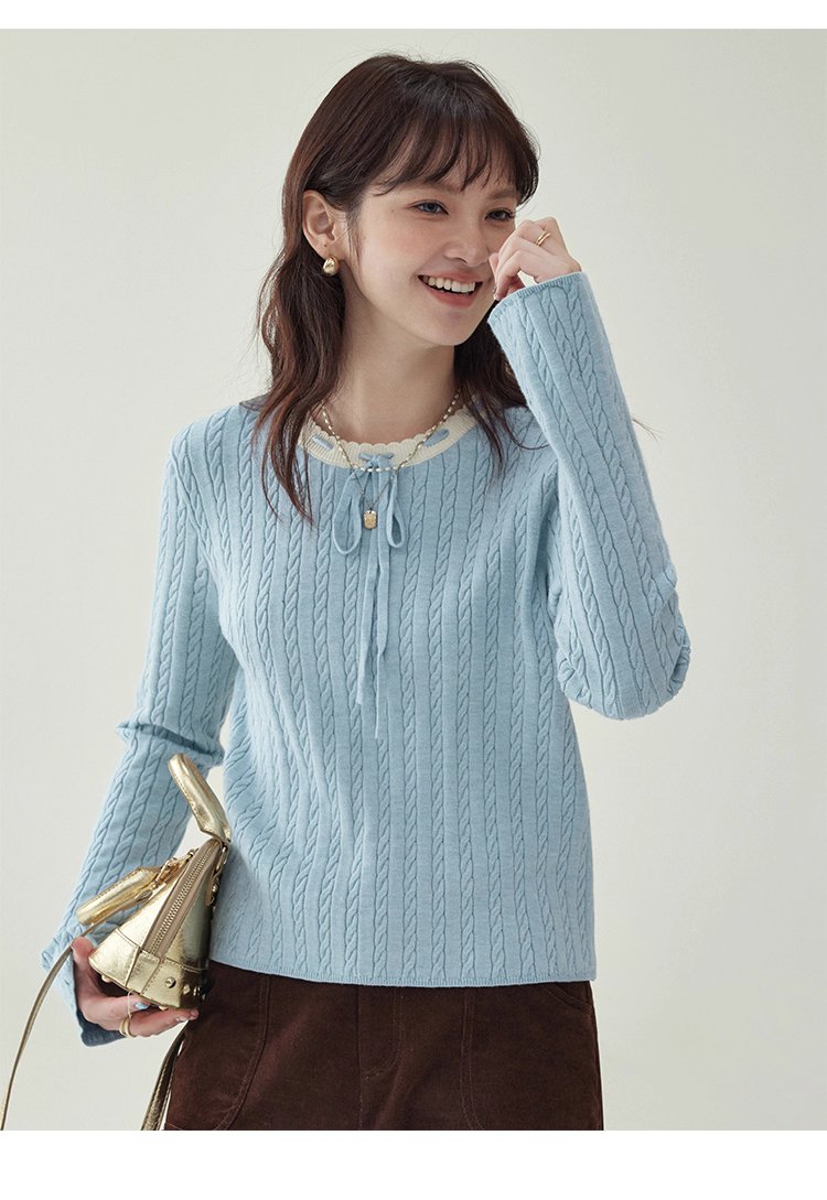 藍色綁帶圓領扭花針織衫女秋季新款百搭長袖上衣