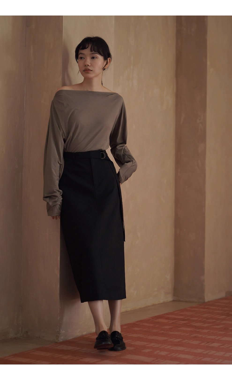 挺括立體棉感直筒高腰通勤顯瘦遮肉可調式腰帶半身裙女